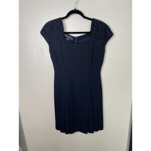 Vintage Marianna Womens Black Dress 8 short sleeve pleated polyester mini zipper